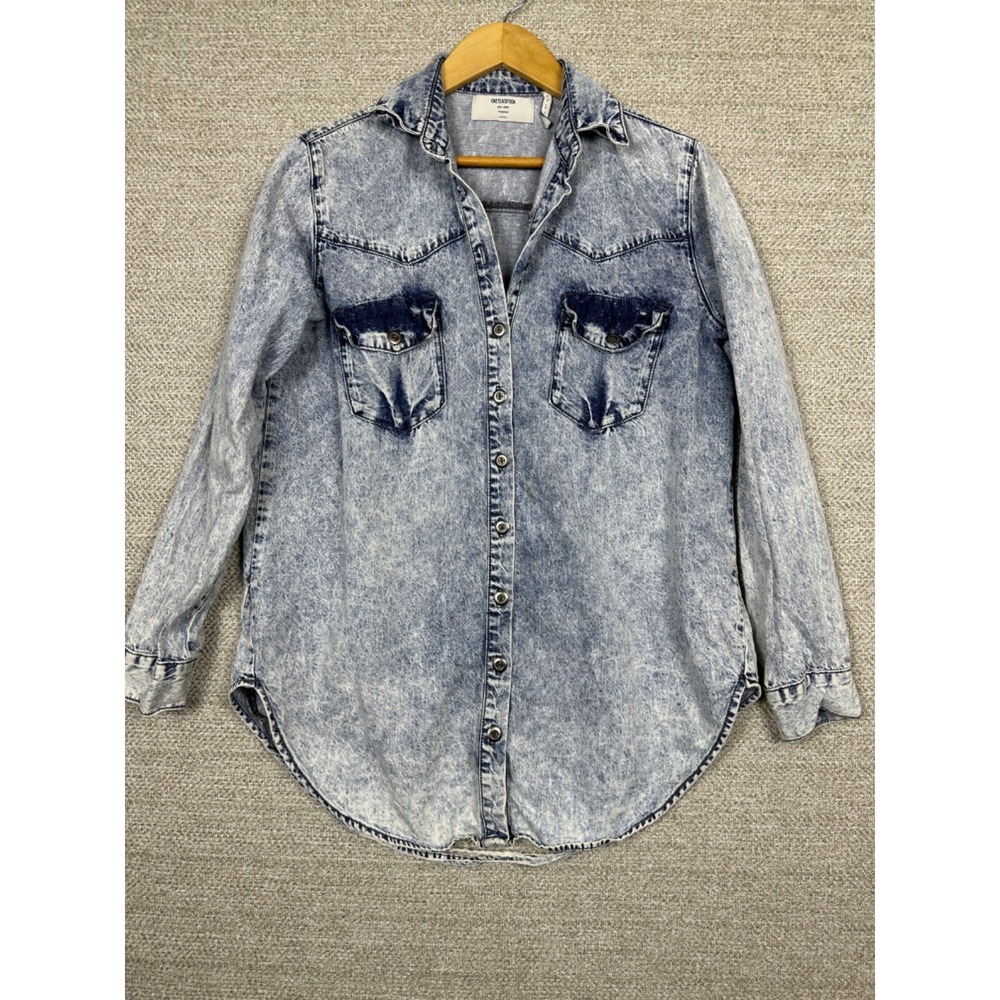 One Teaspoon XS Blue Shirt Button Denim Top Distressed Indie Sleeze Grunge Acid